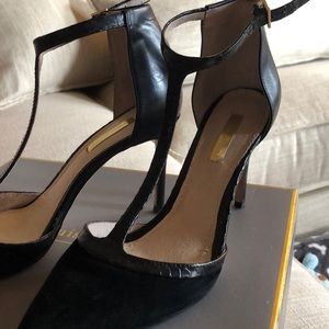 Black leather and suede Mary Jane heels